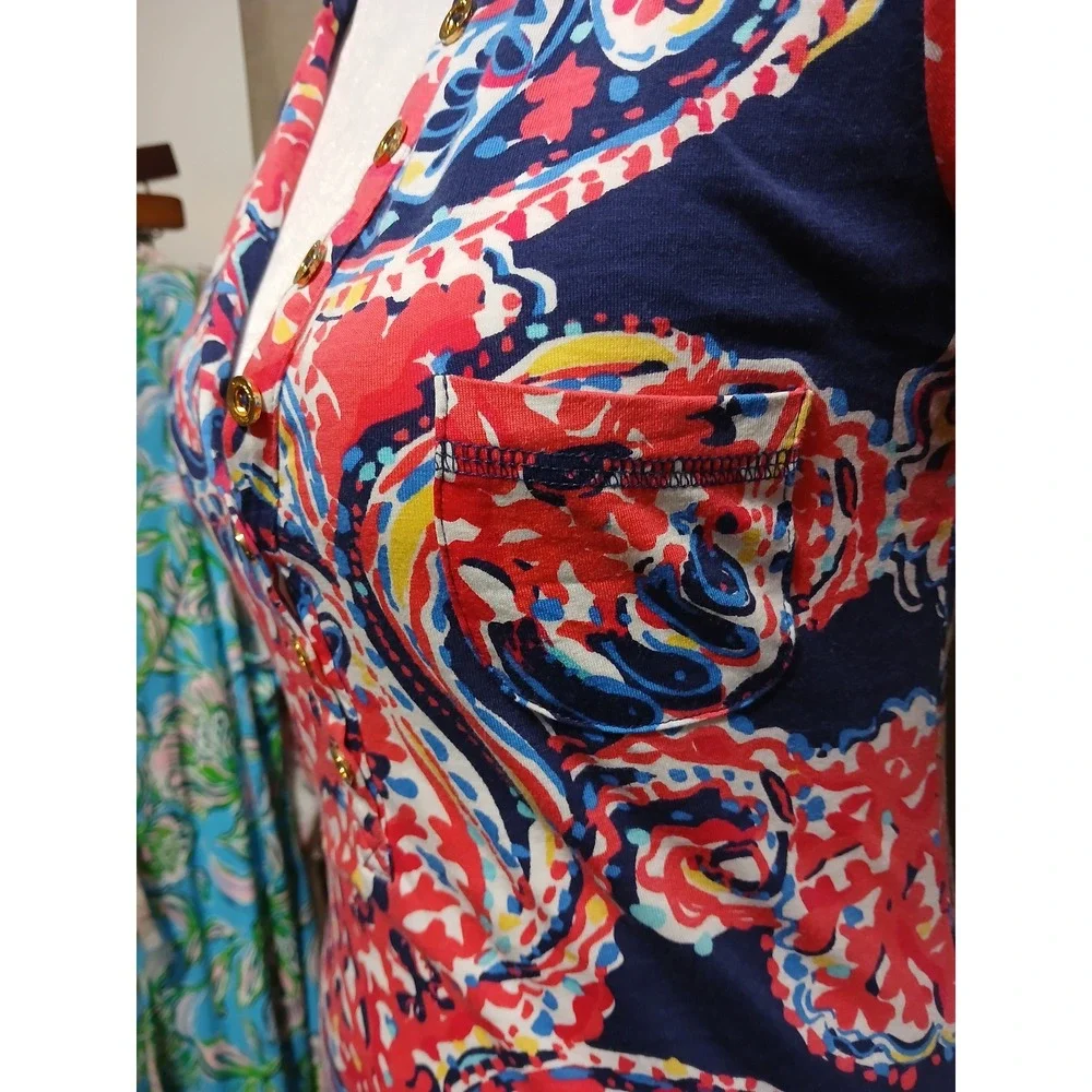 Lilly Pulitzer Pima Cotton Maxi Dress Pink Navy Paisley V-Neck XS 3/4 Sleeve